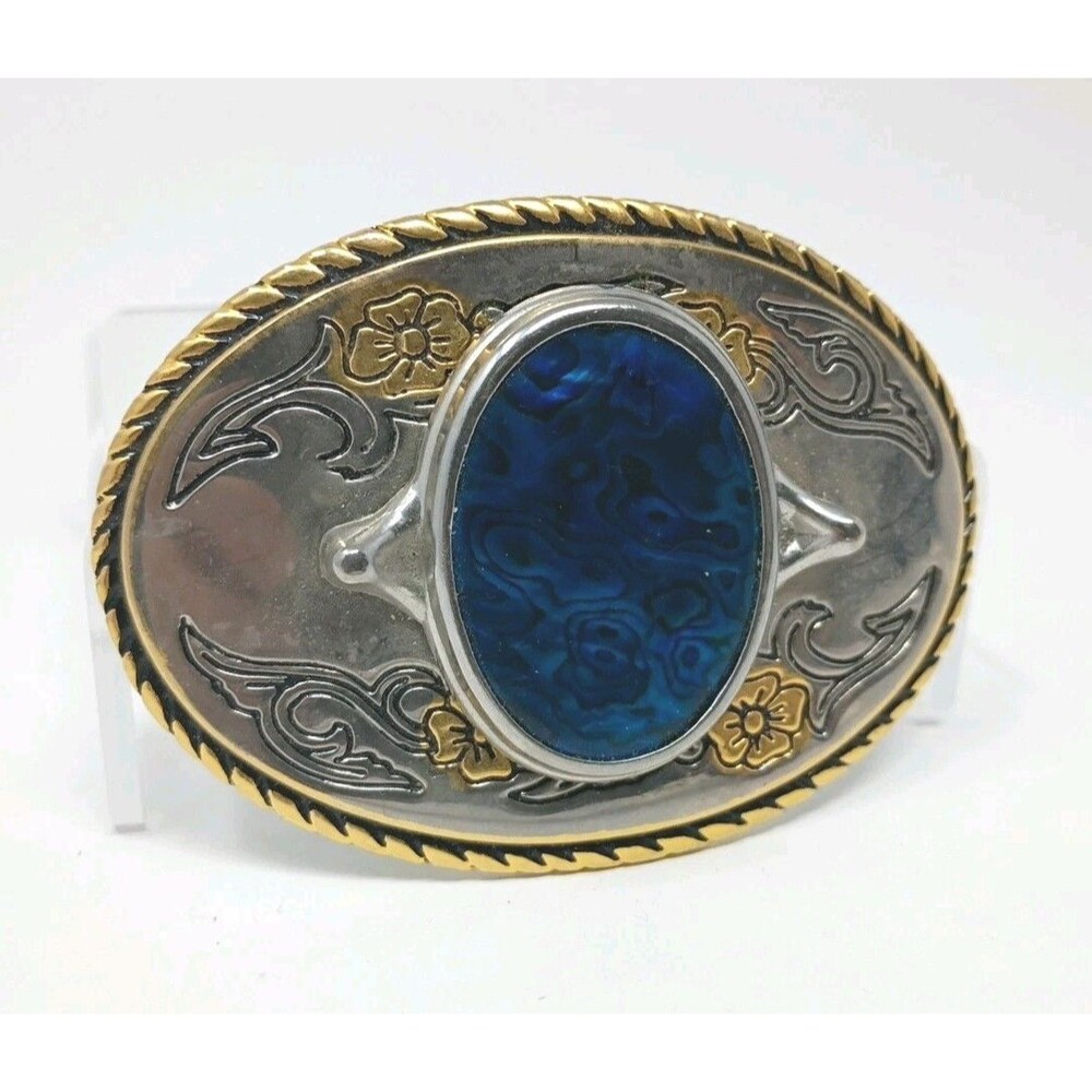 Vintage Western Brass Belt Buckle Oval Agate ~ Made in USA